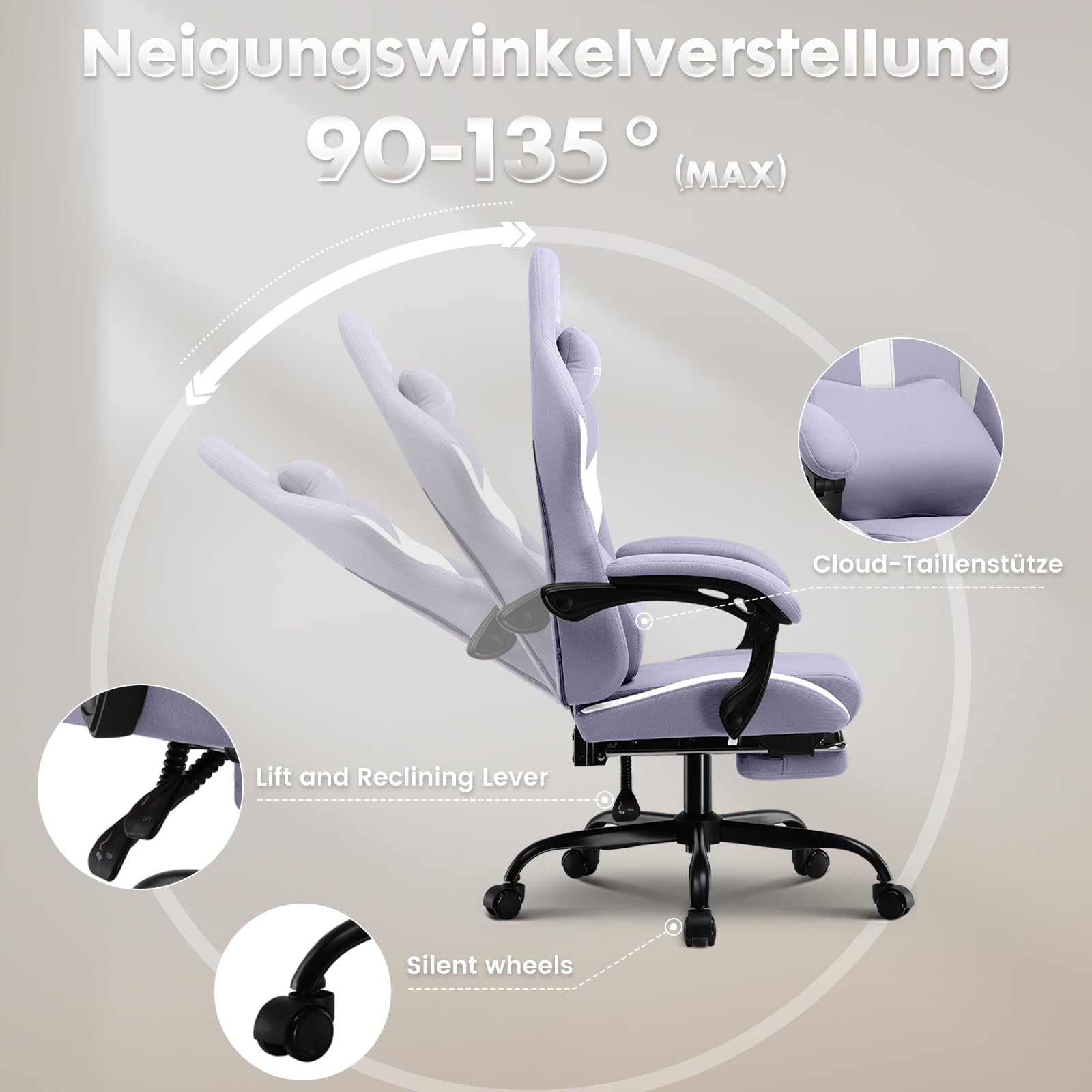GTPLAYER Gaming Stuhl Bürostuhl Ergonomisch Gaming Sessel mit Kopfstütze und Cloud-Lendenkissen, Gepolstert Gaming Chair mit Fußstütze, Drehsessel,150kg Kapazität, Lila