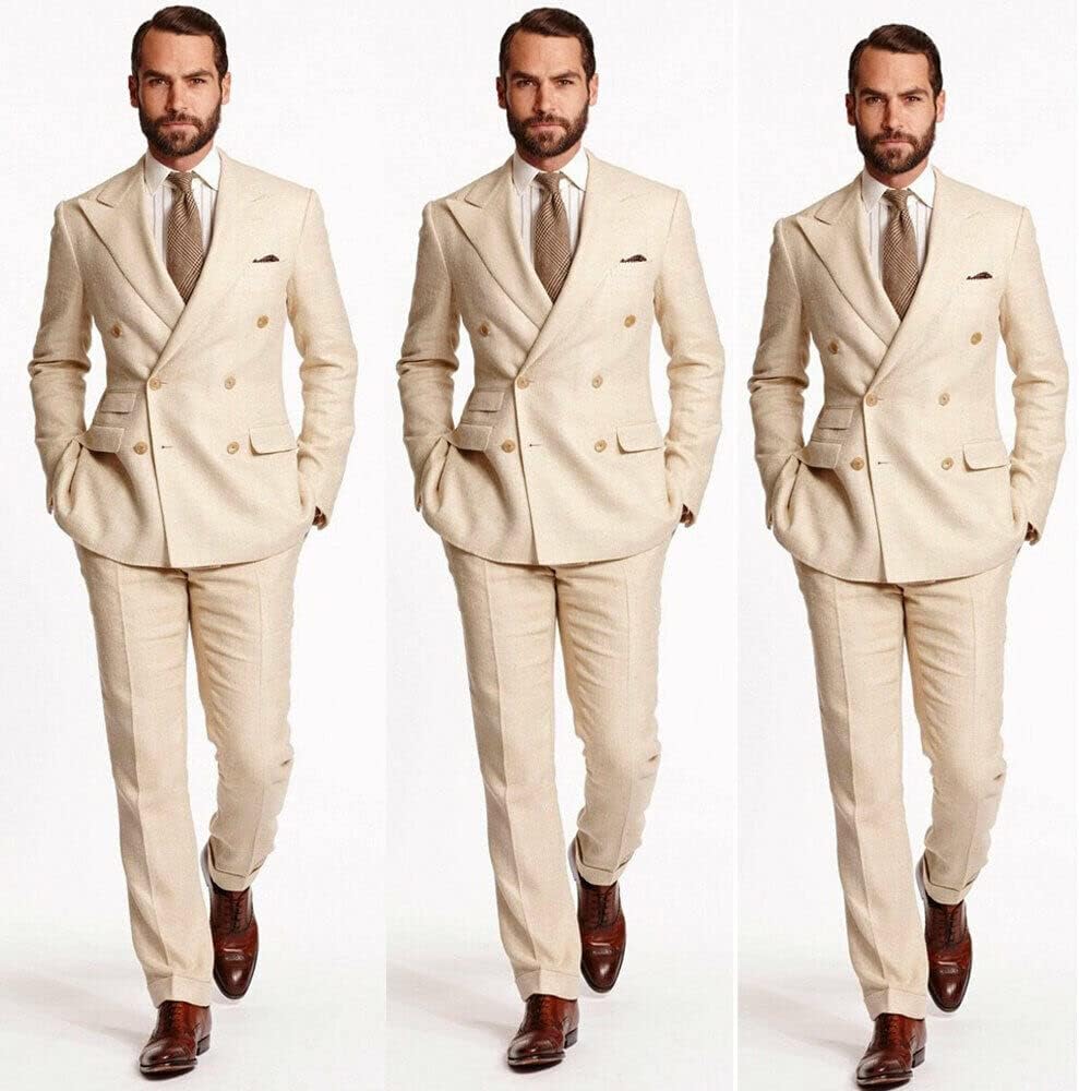 Double Breasted Men's 2 Pieces Beige Linen Tuxedos Prom Business Casual Suits Blazer Pants