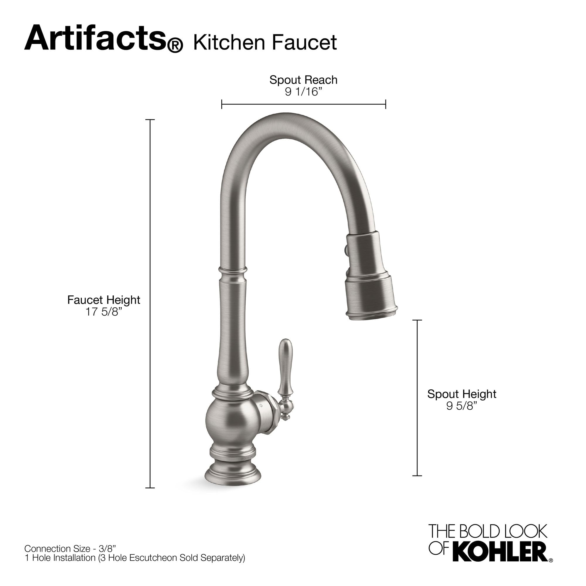 KOHLER Artifacts K-29709-CP - Grifo de cocina con rociador extraíble, grifo sin contacto, grifo de fregadero de cocina, cromo pulido