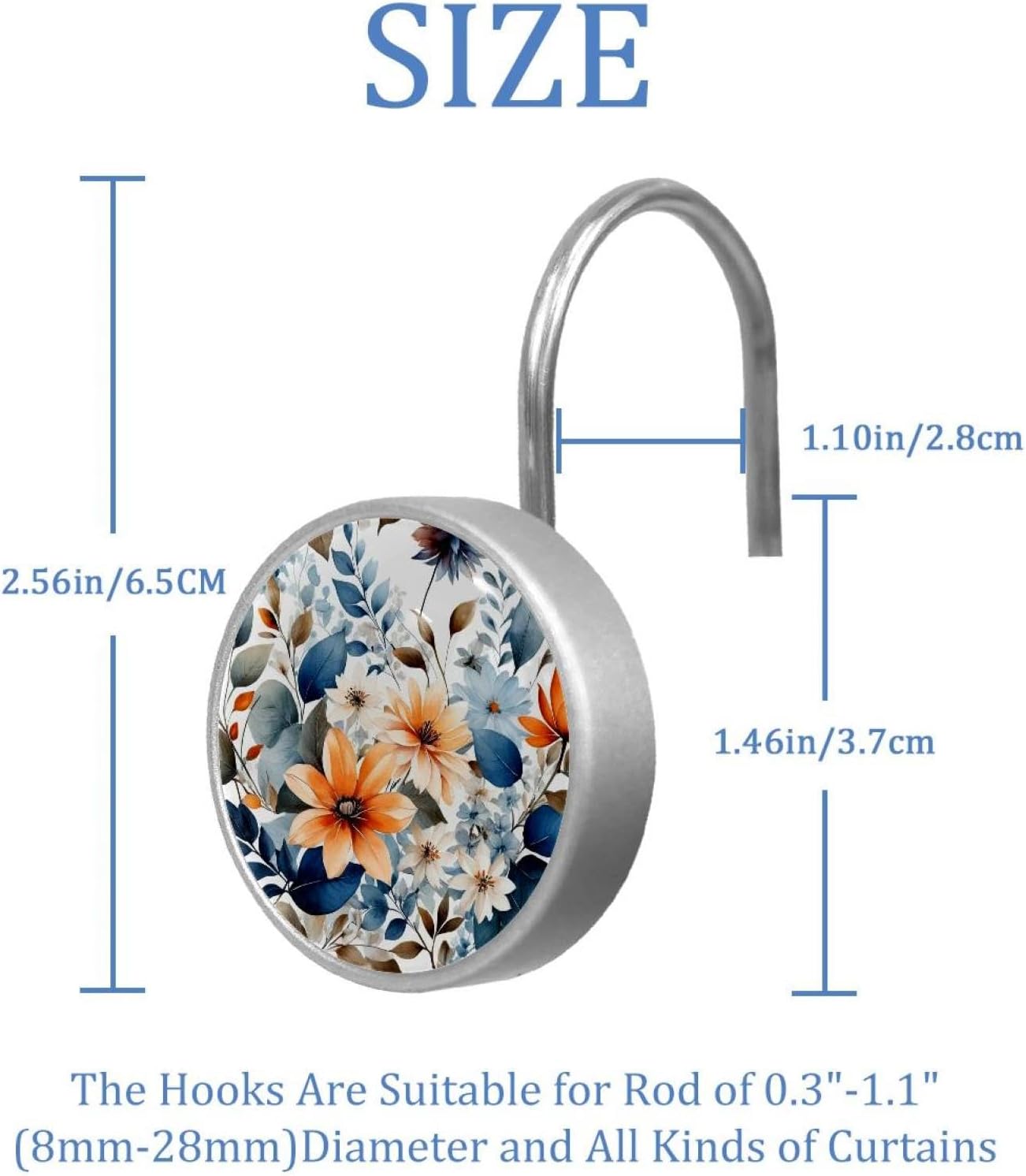 12PCS Flowers and Green Leaves Shower Curtain Hooks Rings for Bathroom, Decorative Shower Curtain Hooks Rods Curtains and Liner