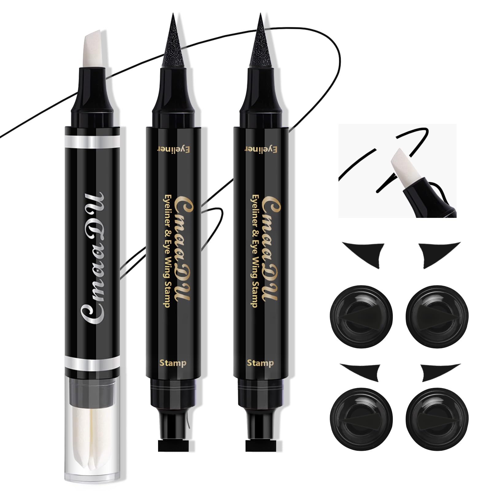 Black Eyeliner Stamp Set, Quick Fix Makeup Cleanser Eraser Pen with Cat Eye Stencil Tool and 3 Replacement Heads