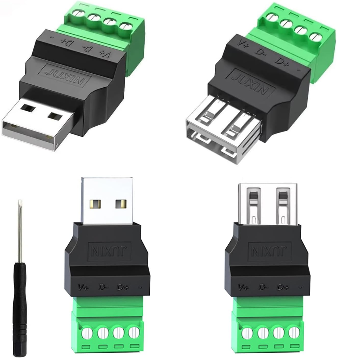 USB 2.0 Type A Screw Terminal Block Adapter, 2 pcs Male & 2 pcs Female USB Connector Portable Pluggable Type Adapter for DIY Projects, Repair, Breakout Boards