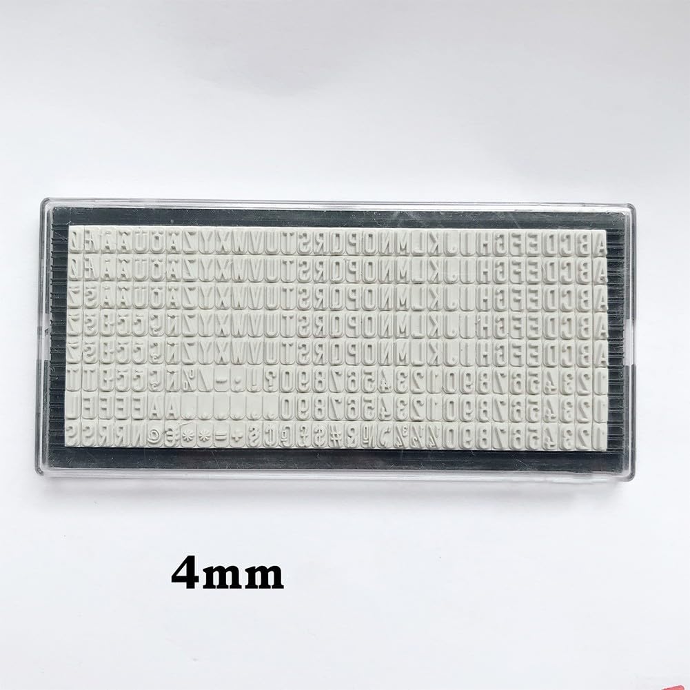 Movable Type Rubber Stamp Kit with 3mm, 4mm, 6.4mm Interchangeable Letters and Numbers, DIY Typeface for Custom Office and Craft Printing Projects(4mm)