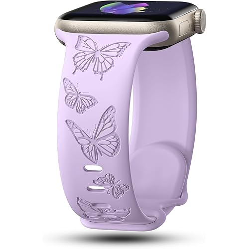Butterfly Engraved Bands Compatible with Apple Watch Band 41mm 40mm 38mm 49mm 46mm 49mm 46mm 45mm 44mm 42mm Women, Silicone Sport Strap for iWatch Series SE 10 9 8 7 6 5 4 3 2 1 SE Ultra