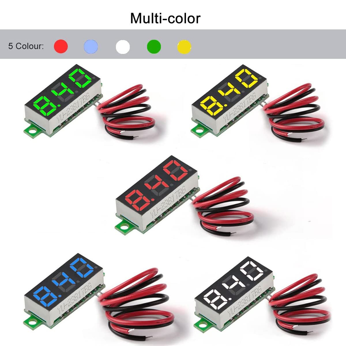 Greluma 5 Pezzi Mini voltmetro DC digitale da 0,28", misuratore di tensione del voltmetro DC a due fili da 2,5 V-30 V - 5 colori