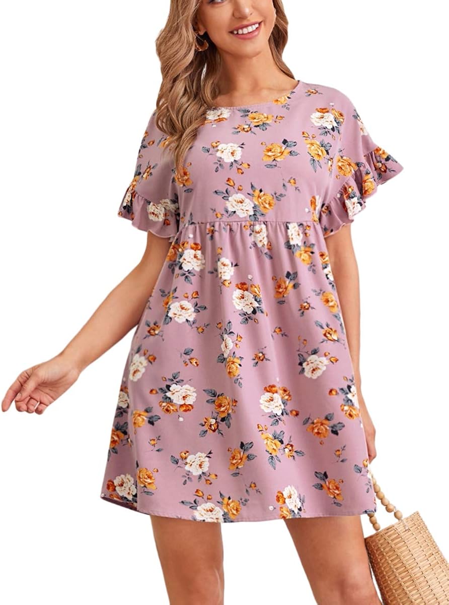Romwe Women's Comfy Short Sleeve Smock Loose Tunic Flare Swing Party Dress