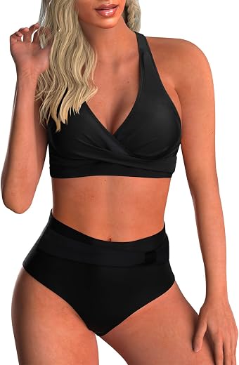 Adigaber Damen Zweiteiliger Badeanzug V Ausschnitt überkreuztes Blumenmuster Bikini Bademode Bauchkontrolle Bikini Sets