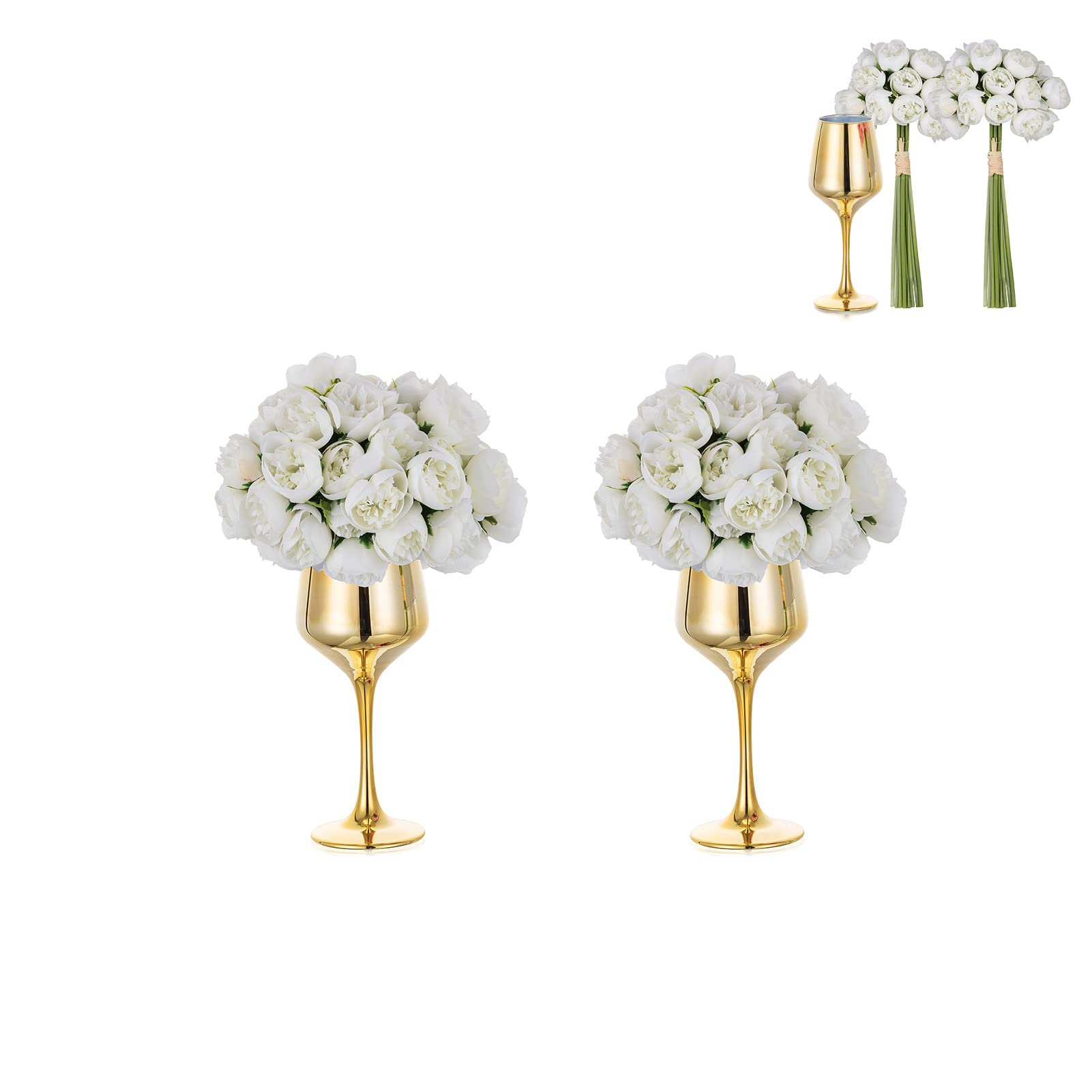 NUPTIO Piccolo Vaso di Vetro con Fiori: 2 Set 21cm Vasi D'oro con Fiori Artificiali Bianchi per Centrotavola Matrimonio, Finta Peonia Composizione Bouquet per Festa Compleanno Decorazioni per Casa