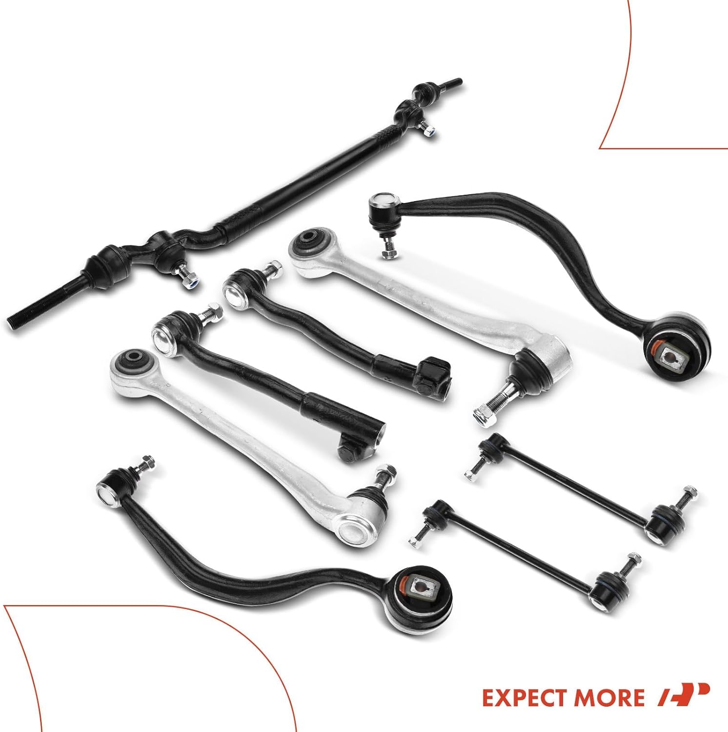 A-Premium Set of 9, Front Lower Forward & Rearward Control Arm, Sway Bar Link, Outer Tie Rod End, Center Link, Compatible with BMW E38 Series - 740i 1995-2001, 740iL 1995-2001, 750iL 1995-2001