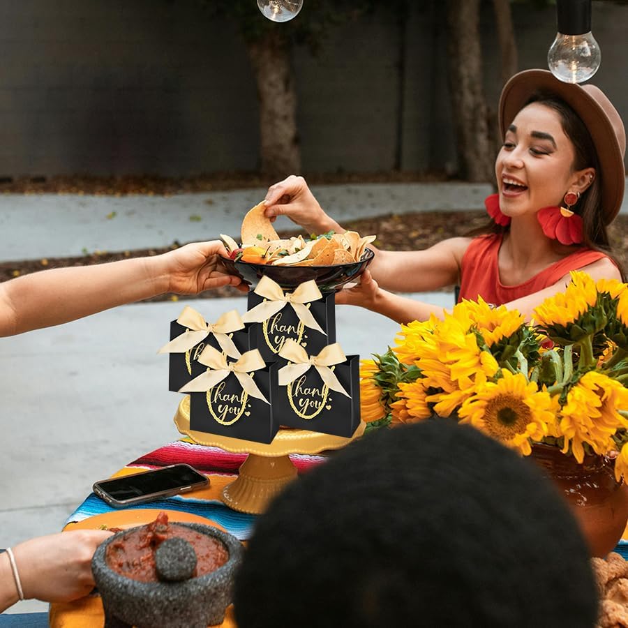 Nimbbex 50Pack Thank You Bags with Handles, 5.5x4.7x2.5 Inches Small Gift Bags with Bow Ribbon, Mini Party Favor Bags for Wedding Baby Shower Birthday (Black) - Image 7