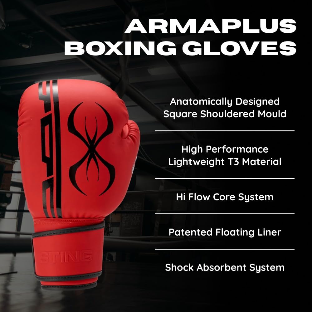 STING Armaplus Boxing Gloves, Matte-Finished High-Tech Gloves for Boxing, MMA, Muay Thai, and More, Shock-Absorbent Boxing Gloves for Men and Women, Boxing Equipment