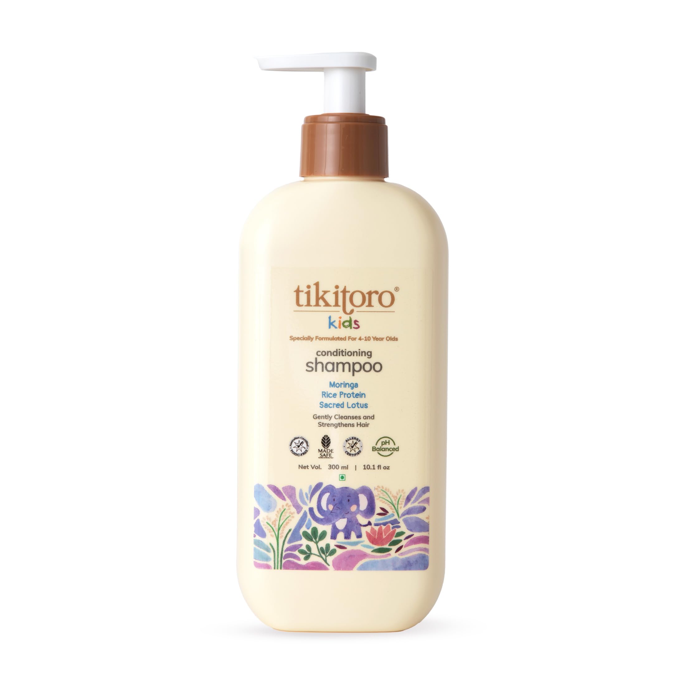 Tikitoro Kids Conditioning Shampoo 100% Vegan with Moringa, Rice Protein, Sacred Lotus Extract, No Parabens & Sulphates (Age: 4+ Years) (300ml x 1)