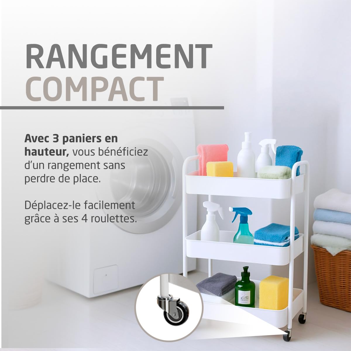 Amig – Desserte de Cuisine 3 Niveaux à roulettes Mod. Linn – Étagère auxiliaire en Acier – Blanc – Chariot Multi-usages pour Cuisine, Salle de Bain ou Bureau – 40,5 x 28 x 76 cm