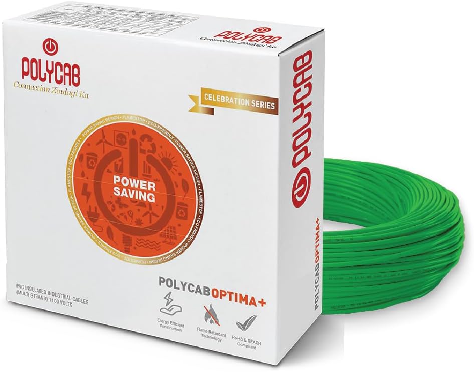 Polycab OPTIMA+ 1.5sqmm 90M coil | Flame Retardant | Lead free | 99.97% high purity copper | Rodent protection | PVC insulated housewire [Green]