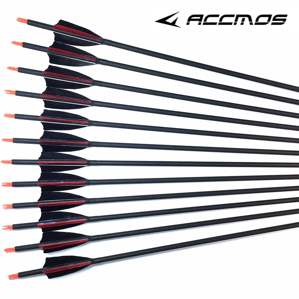 ACCMOS Spine 500 Tiro con L'Arco Freccia in Carbonio 23-30 Pollici con 3'' Piuma di Tacchino,Punte di Freccia Rimovibile, per Arco Ricurvo Arco Composto Caccia 12 pzi