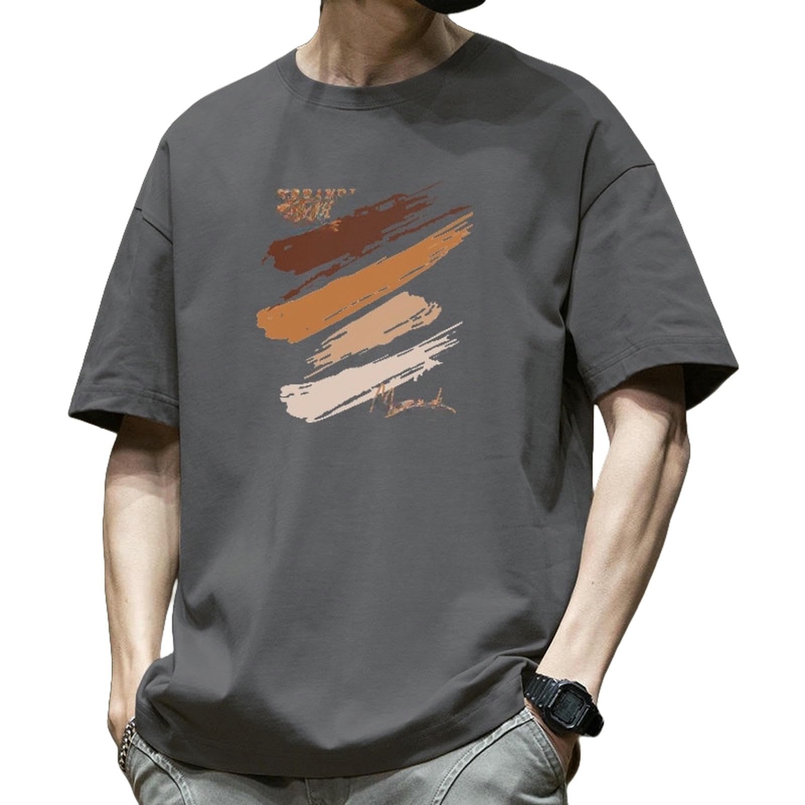 T-shirt męski, okrągły dekolt, letnie topy z krótkim rękawem, szeroki krój, topy, ciemnoszary-S