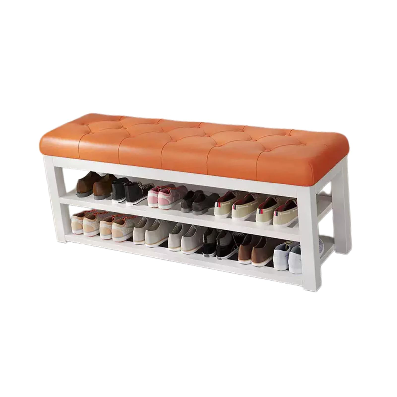WJFTODAY Leather Padded 2 Tier Shoe Rack & Storage Bench Metal Entryway for Bedroom Closet Living Room Space Saving Solution (1100x350x480mm)