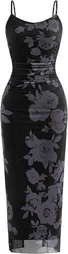 PRETTYGARDEN Summer Wedding Guest Dresses for Women 2025 Spaghetti Strap Mesh Bodycon Beach Floral Maxi Long Dresses