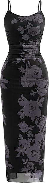 PRETTYGARDEN Summer Wedding Guest Dresses for Women 2025 Spaghetti Strap Mesh Bodycon Beach Floral Maxi Long Dresses