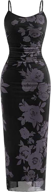 PRETTYGARDEN Summer Wedding Guest Dresses for Women 2025 Spaghetti Strap Mesh Bodycon Beach Floral Maxi Long Dresses