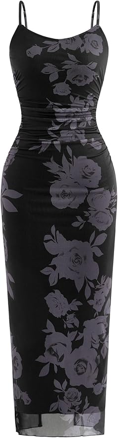 PRETTYGARDEN Summer Wedding Guest Dresses for Women 2025 Spaghetti Strap Mesh Bodycon Beach Floral Maxi Long Dresses