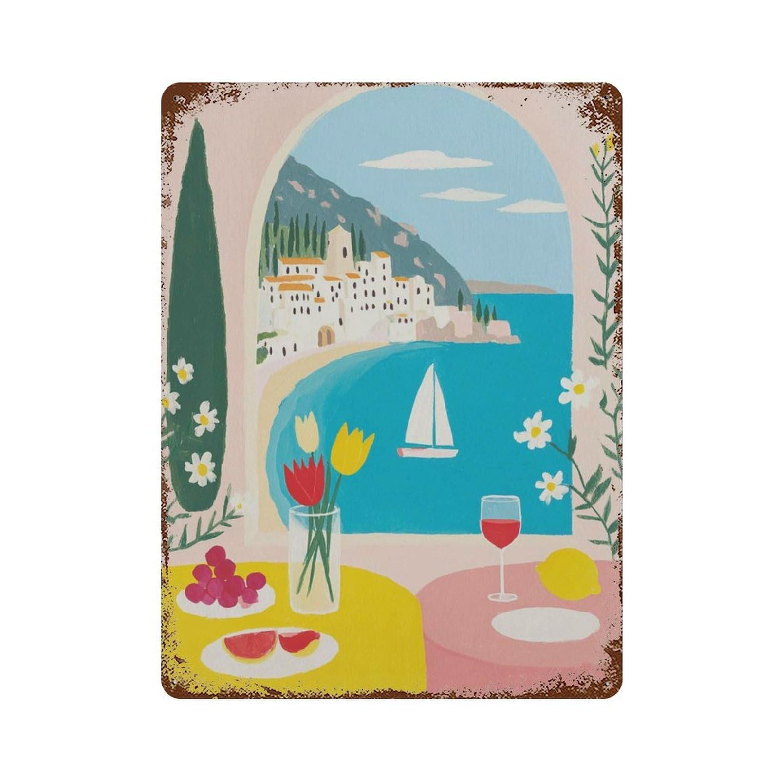 xiaoxiaoshen Amalfi Coast Mediterranean Colorful Coastal Italian Seaside Summer Travel Work Wall Decor Art Metal Tin Poster Modern Home Decor Art Home Bar Shop Decorations Vintage Sign 40x30cm