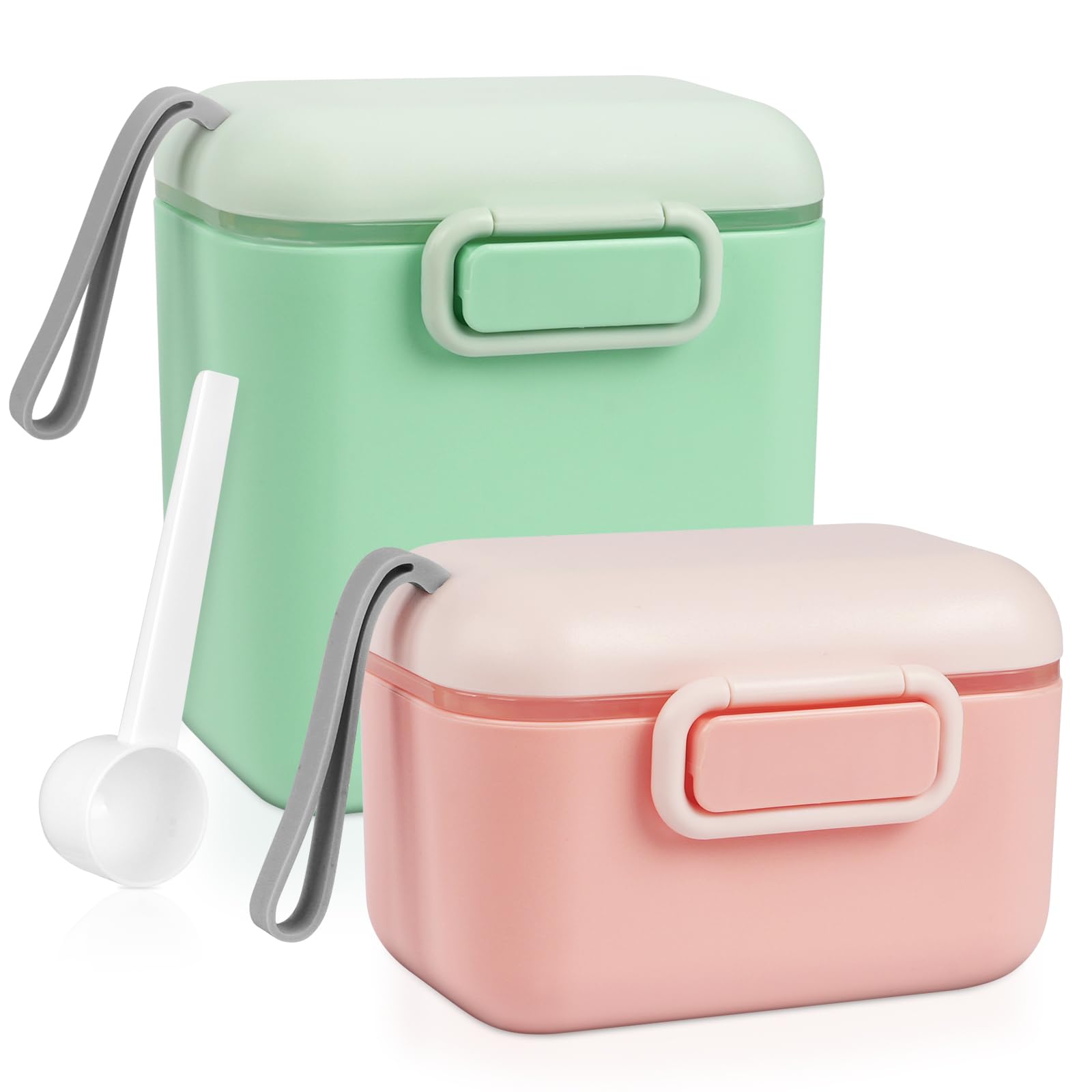 Aolso Dispensador Leche en Polvo,2 Piezas Recipiente Para Leche,Hermético Portátil Caja de Leche en Polvo,Lata de Leche en Polvo Recipiente para Alimentación de Viaje con Cuchara, Rosa y erde