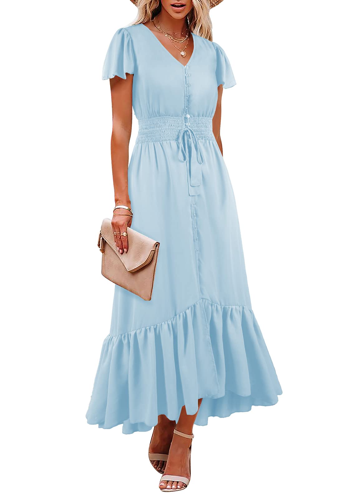 LinseryWomen's Boho Short Sleeve V-Neck High Low Chiffon Flowy Party Long Maxi Dress