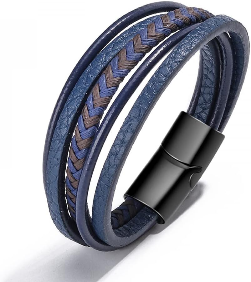 Goodern Mens Leather Bracelet Cowhide Braided Multi-Layer Wrap Bangle With Magnetic-Clasp - Blue Wristband Great Gift for Men