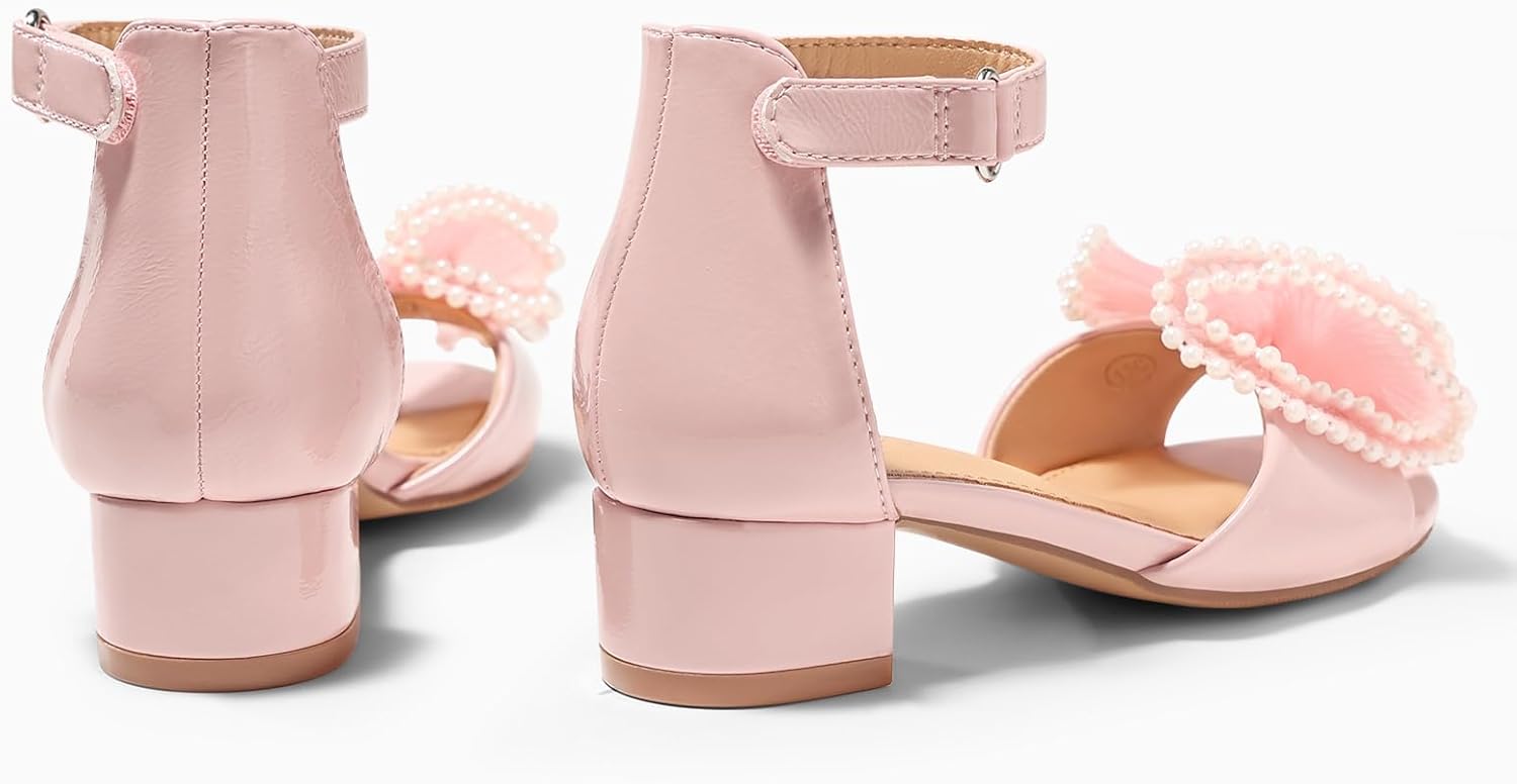 Coutgo Girls Dress Shoes Sandals Bow Pearl Open Toe Low Chunky Heels Ankle Strap Flower Girl Wedding Party Shoes - Image 6