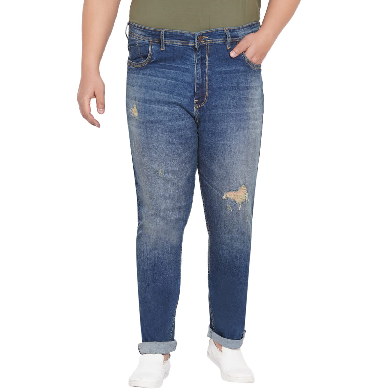 Plus Size Men's Stretchable Mid-Rise Comfort Fit Ripped Blue Cotton Jeans for Men-image-23
