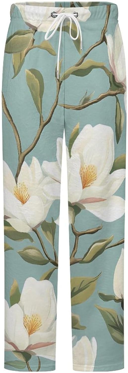 Magnolia Flower Women's Pajama Bottoms Flannel Sleepwear Pants Elastic Waist Loose Lounge Trousers