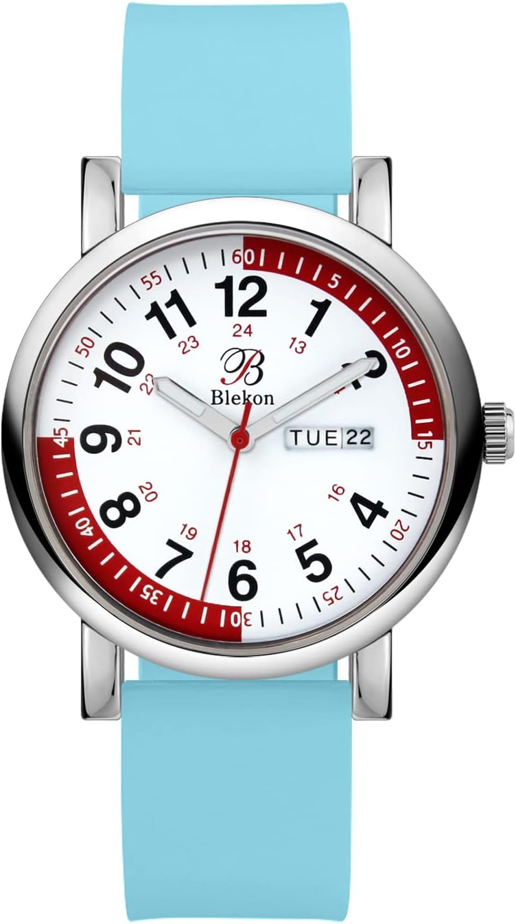 Blekon Pulsometer Nurse Watch with Secondhand – Scrub Matching Band Colors for Medical Professionals – Super Easy to Read Dial w/Day and Date Indicator, Waterproof Watch (Blue (Light))