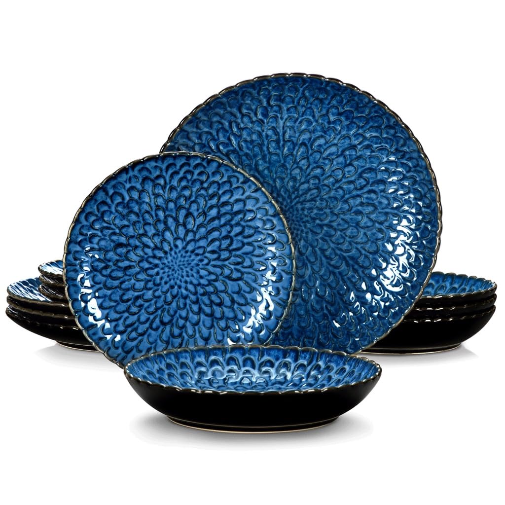 Stoviglie in ceramica Set combinato di stoviglie in gres da 12 pezzi in ceramica strutturata for 6 persone
