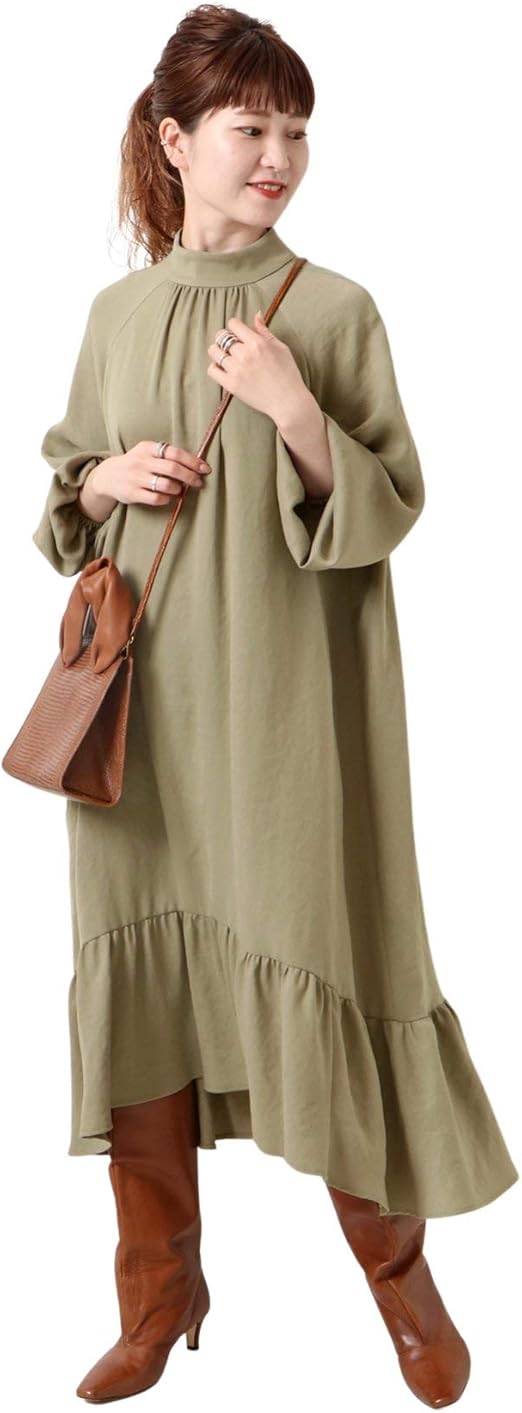 Amazon Co Jp スピック アンド スパン ハイネックギャザーワンピース フリー カーキ 服 ファッション小物