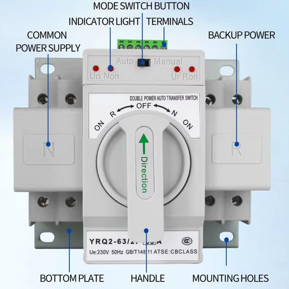 Interruttore automatico 63 A per generatore, Dual Power, con alloggiamento ignifugo, alimentazione sicura per casa e commercio in caso di guasto, facile montaggio, bianco
