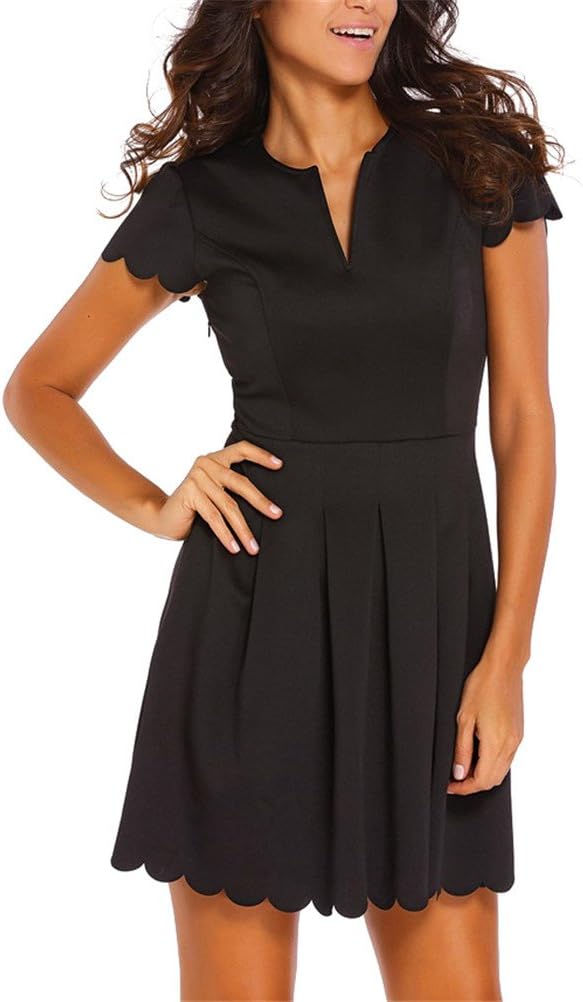 iKneu Womens V Neck Sweet Scallop Pleated Skater Dress Vintage Ruched Party Cocktail Dress