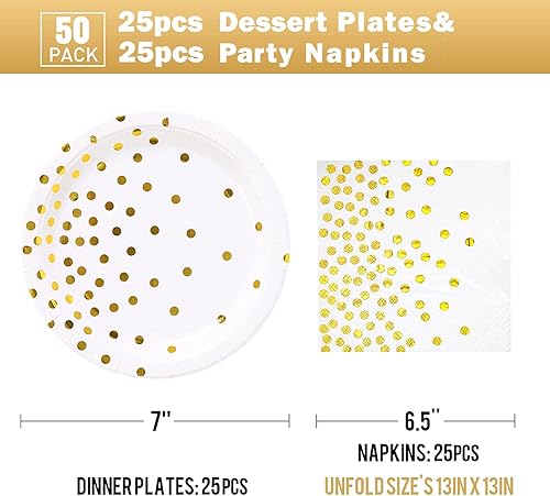 Miniatura 2 de White and Gold Paper Plates and Napkins-25 x 7'' Dessert Plates & 25 x 6.5'' Napkins,Disposable Gold Foil Polka Dots Paper Plates for