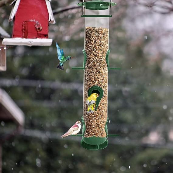 Urban Deco Bird Feeders Hanging Plastic Tube and Niger Seed Feeder With 6 Ports, Steel Hanger, Weatherproof, For Small Birds - Green - 1 Pack