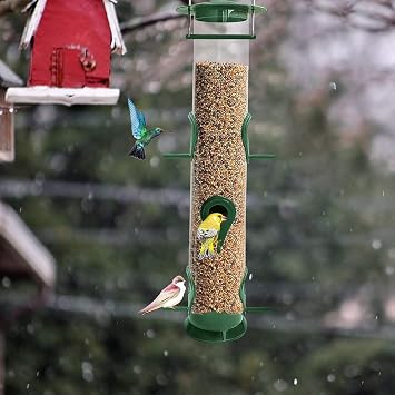 Urban Deco Bird Feeders Hanging Plastic Tube and Niger Seed Feeder With 6 Ports, Steel Hanger, Weatherproof, For Small Birds - Green - 1 Pack