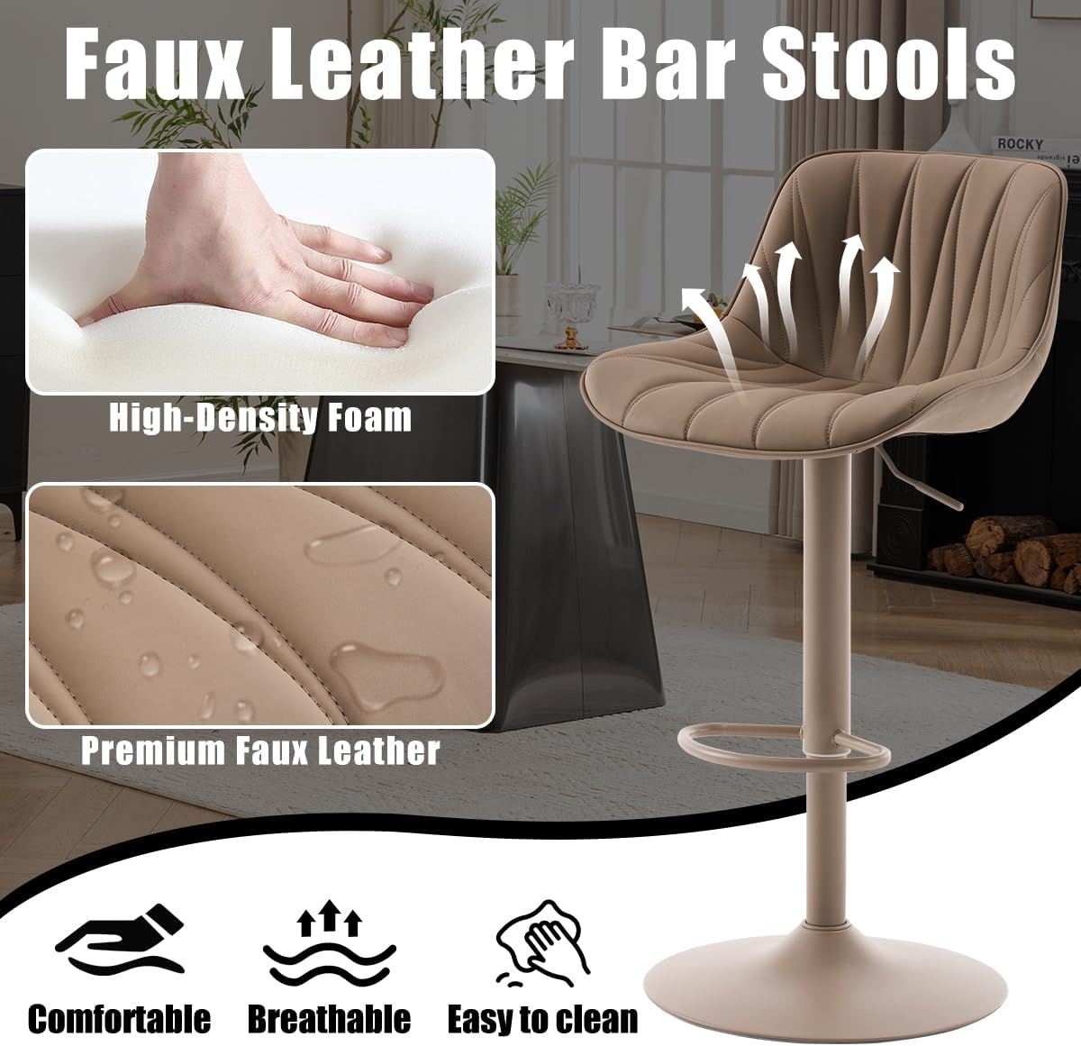 Kidol & Shellder Bar Stools Set of 2 Adjustable Swivel Counter Height Barstools Modern Upholstered PU Leather Bar Chairs Stools for Kitchen Island Khaki