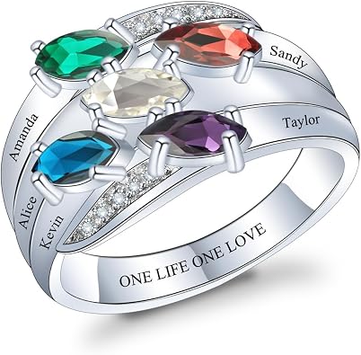 Personalized Mothers Ring with 1/2/3/4/5/6/7/8/9 Simulated Birthstones for Mom Engraved Name Ring for Women Promise Rings for Her Custom Family Ring for Wife Grandmother Jewelry Gifts