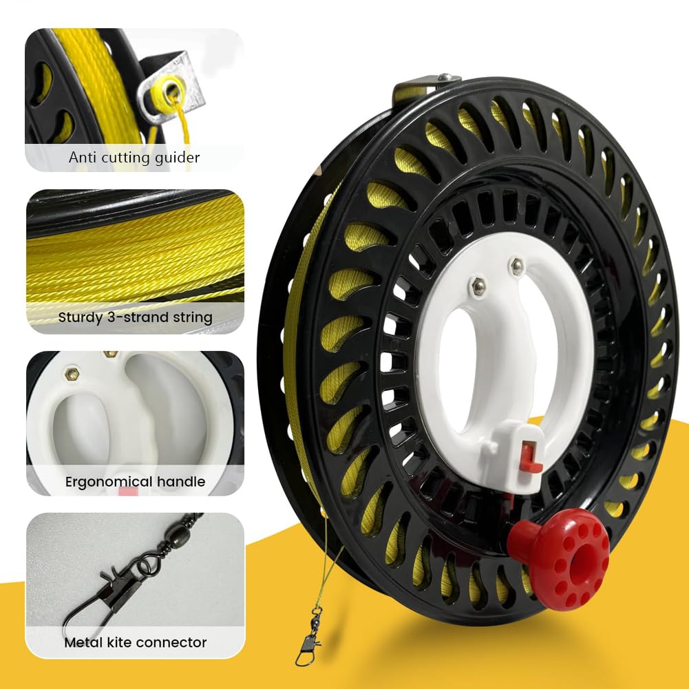 Carrete de Cometa de 10.3 Pulgadas de diámetro para Adultos con Cuerda de Cometa de Alta Resistencia de 3000 pies con Guantes de Bloqueo de Seguridad y Conector, Agarre de Mano Grande, diseño