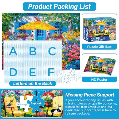 Rompecabezas de 500 piezas para adultos: patio con pájaros y flores, jardín colorido de cabaña, actividad familiar ideal como regalo miniatura 6