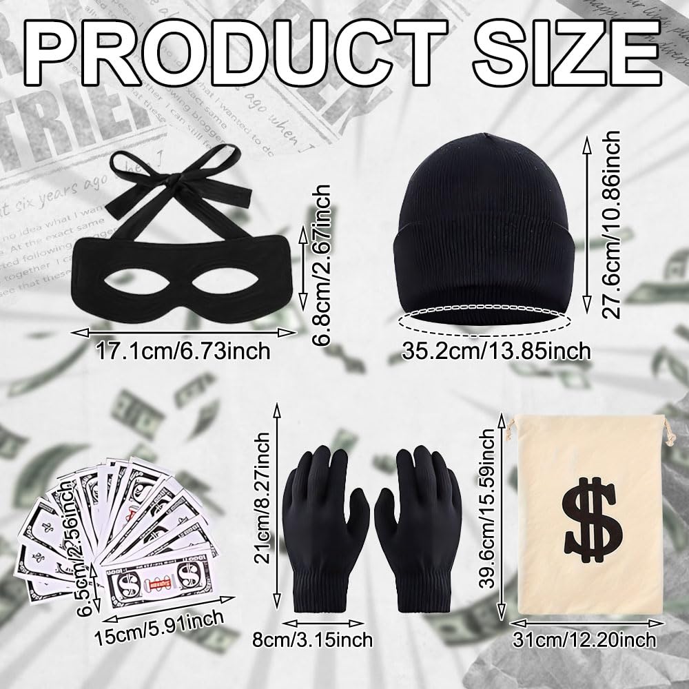 KUWUNG Burglar Bill Costume, 6PCS Robber Costume Men Set - Image 2