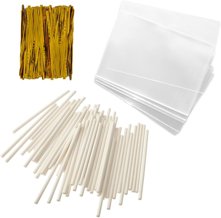 Baking Addict 100 Cake Pop Treat Bag Sets Metallic Twist Ties, Lollipop Sticks, Clear Cello Favor Bags, 4" W, Gold
