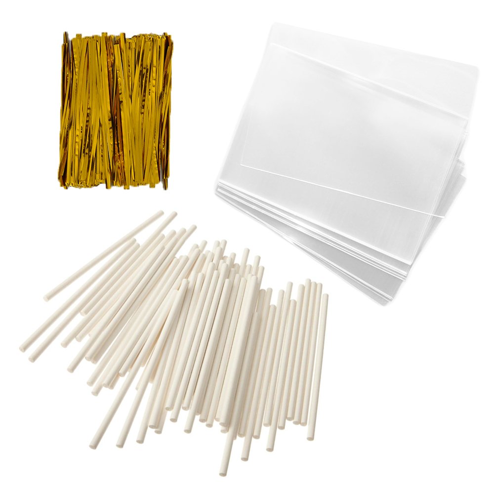 Baking Addict 100 Cake Pop Treat Bag Sets Metallic Twist Ties, Lollipop Sticks, Clear Cello Favor Bags, 4" W, Gold
