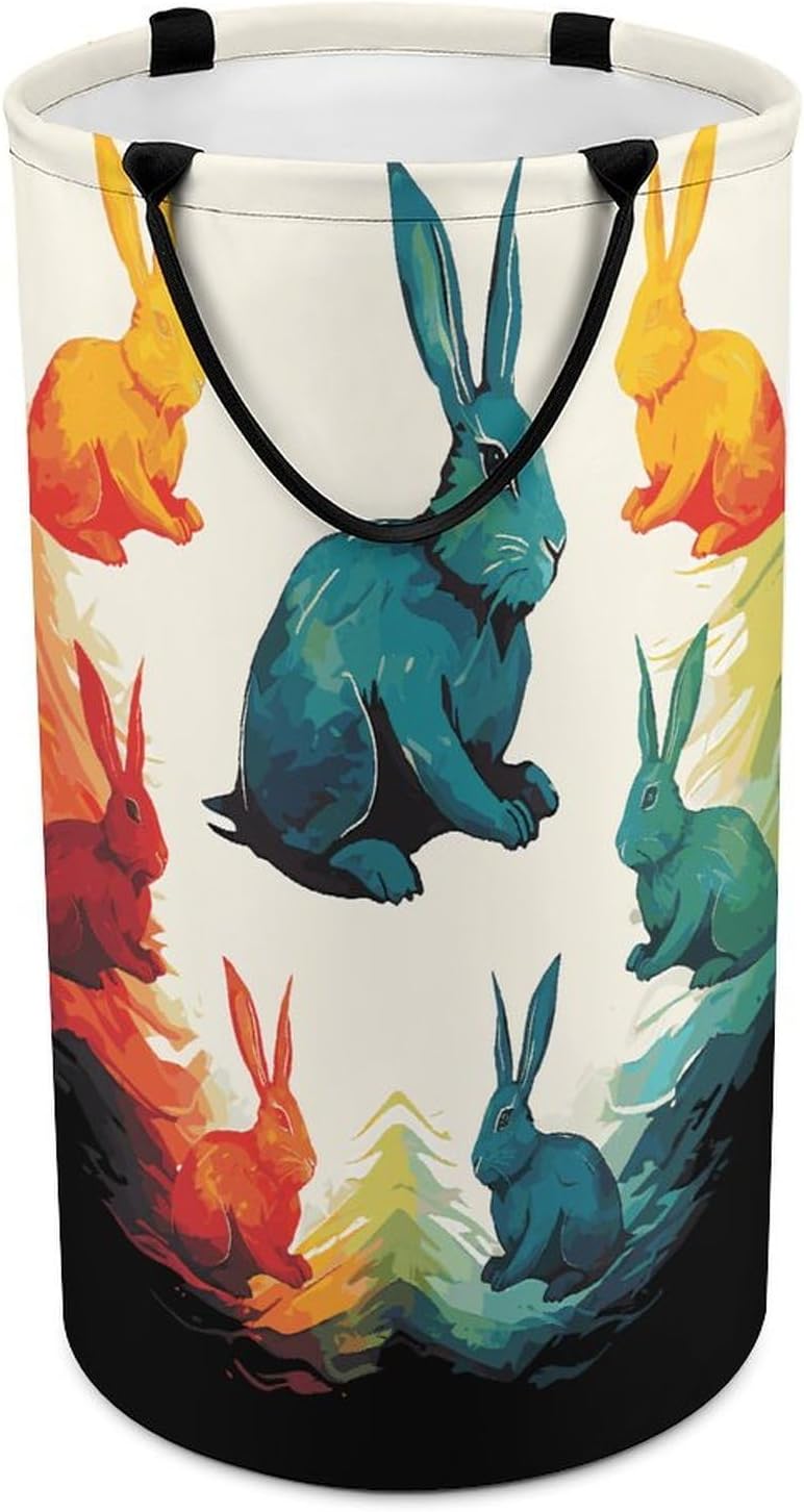 Rainbow RabbitLaundry Hamper - Large Dirty Clothes Bag.Storage Basket for Easy Carry Handles. Large Clothes Basket with Handles, Clothing Storage Bucket Toy Organizer for Bathroom Bedroom Dorm.