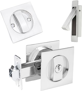 Dontay Pocket Door Key Lock with Edge Pull Handle,1 3/8" Backset,Stainless Steel Recessed 2 Sided,Hardware for 1 3/8" to 2 3/16" Sliding Door&Bathroom Doors Brushed Nickel, Square - 1 Set