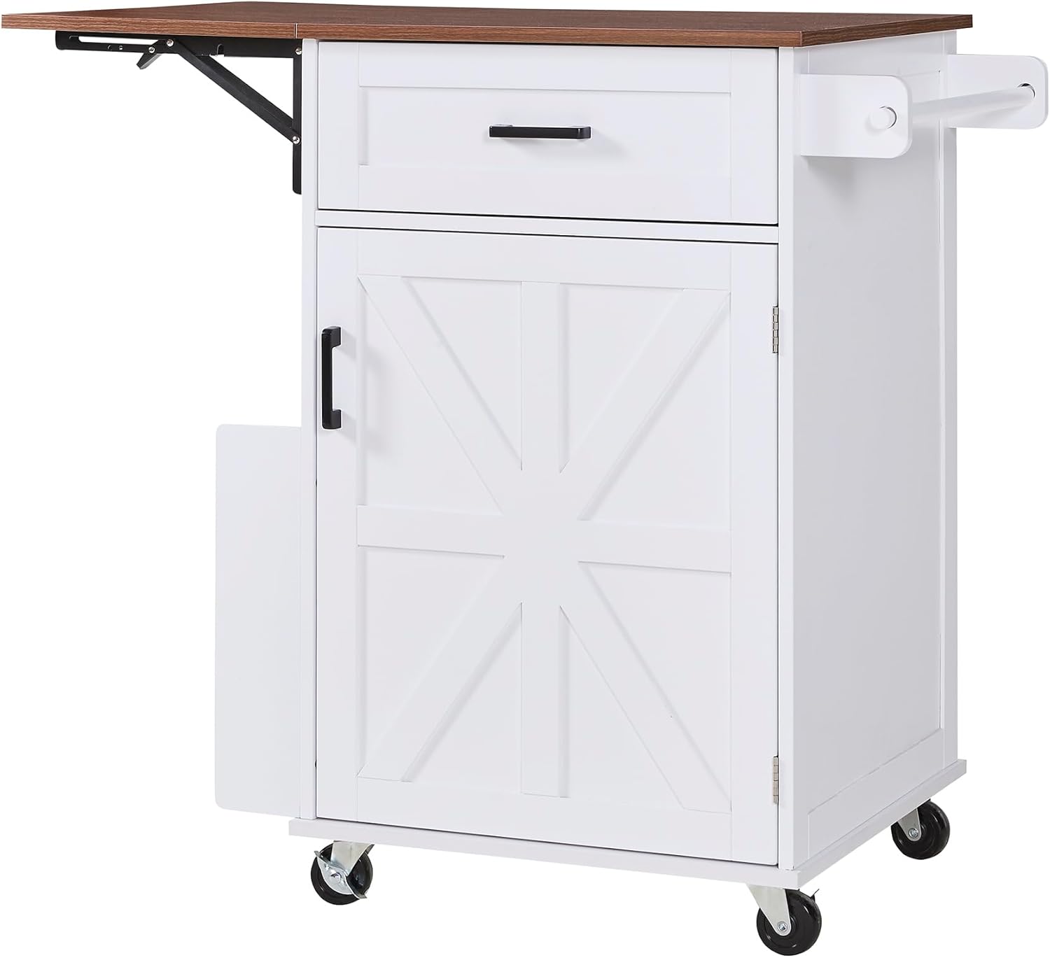 Merax 39.3" Farmhouse Kitchen Island with Drop Leaf, Kitchen Storage Island with Open Side Rack, One Drawer, Towel Rack, Rolling Kitchen Cart with Lockable Wheels for Lawn Garden, White